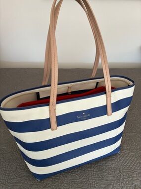 kate spade Navy and White Striped Tote with Blush Handles includes bag organizer